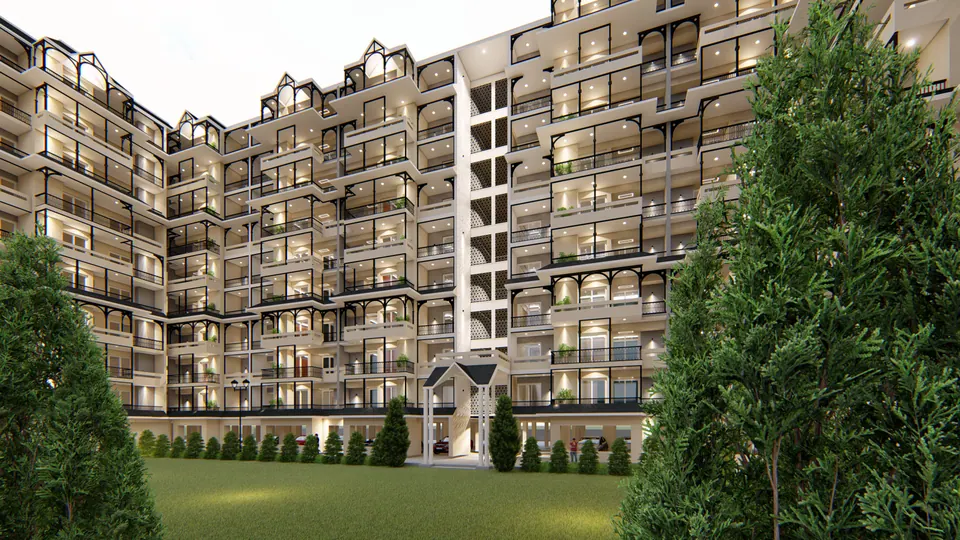 Rendered angled view of the courtyard blocks and their balconies, framed by tall conifers over a lawn