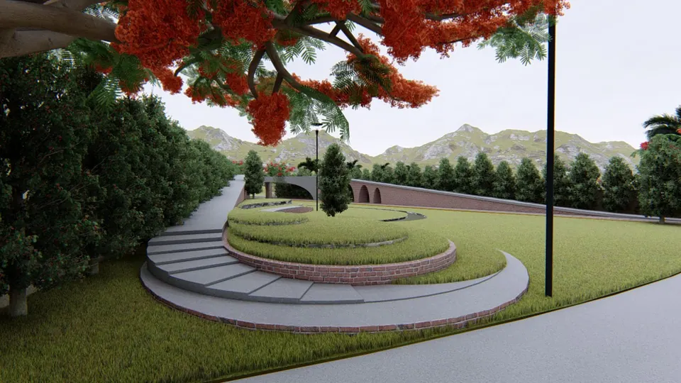 Rendered terraced circular lawn with curved steps under a flowering tree, a brick arched bridge beyond
