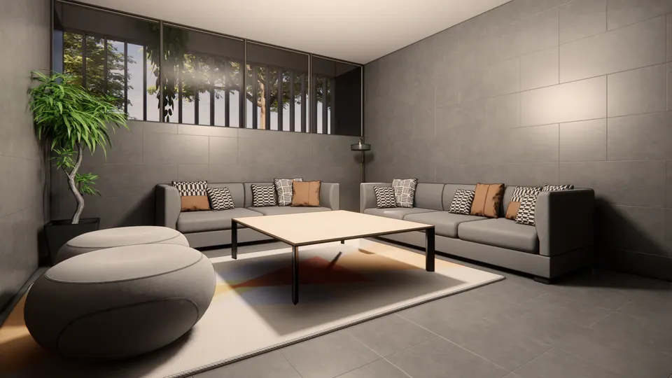 Rendered lounge with grey L-shaped sofas, a low table, round poufs and a clerestory window above