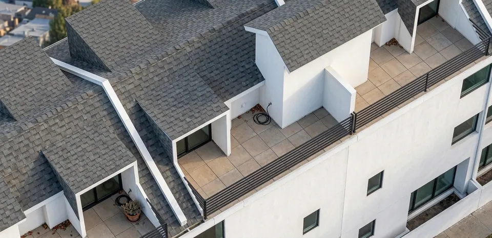 Rendered aerial view of the roofs: grey shingles, gabled dormers and recessed roof terraces with railings