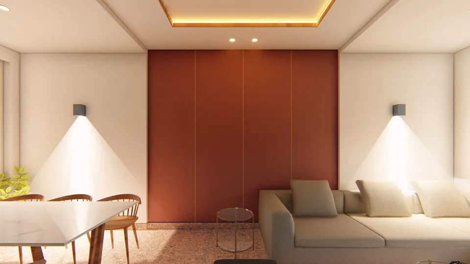 Rendered living area with a terracotta panelled wall, a beige sofa and a dining table with timber chairs