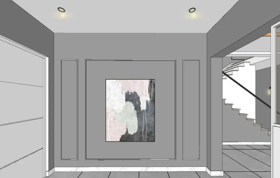 Untextured model view of a grey panelled wall with an abstract painting, the stair at right