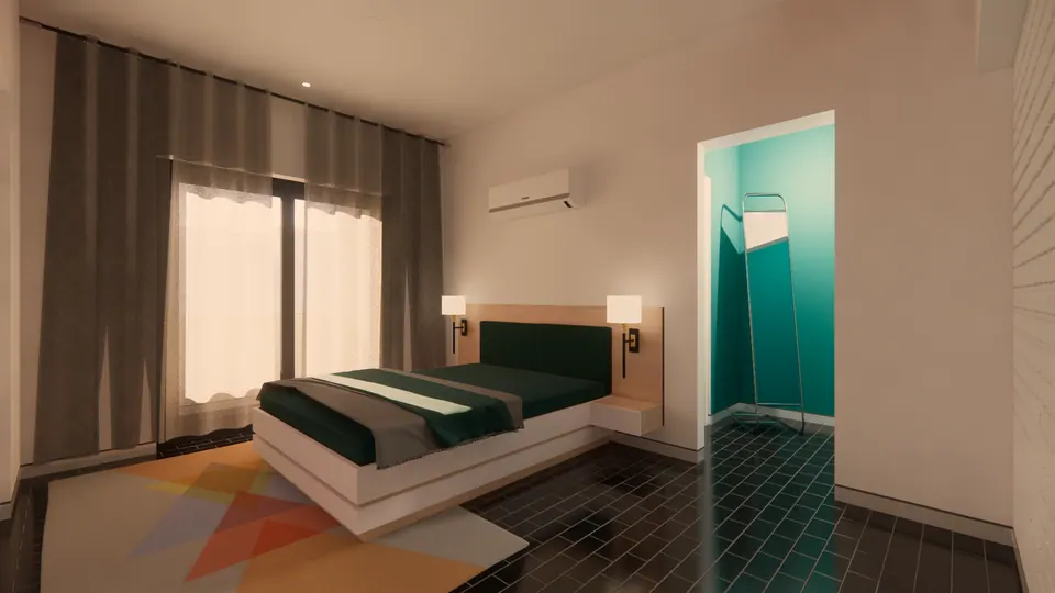 Rendered bedroom with a dark green bed, a geometric rug, curtains and a teal-lined dressing niche