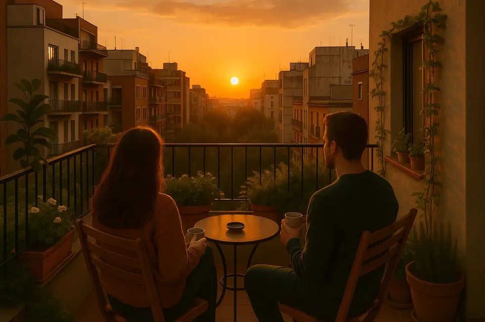 Two people seen from behind on a plant-filled city balcony, holding cups and watching the sun set over apartment buildings