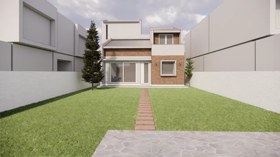 Rendered garden front: a two-storey house in brick and white render at the end of a long lawn crossed by a brick path