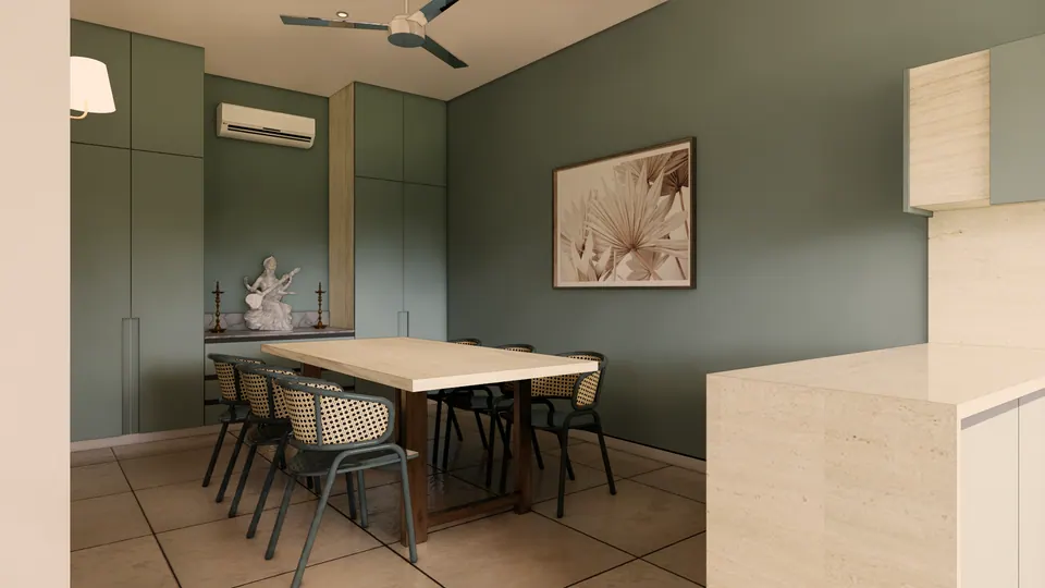 Rendered dining area: a pale timber table with cane-backed chairs, sage-green walls and tall cabinets