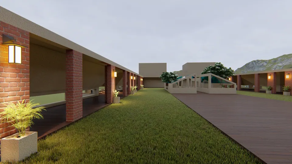 Rendered lawn and timber deck along the brick colonnade, glazed pavilions beyond