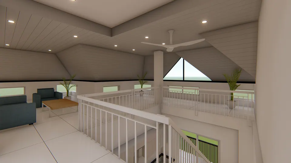 Rendered attic lounge under a pitched ceiling with a triangular window, sofas and a railing to the stair