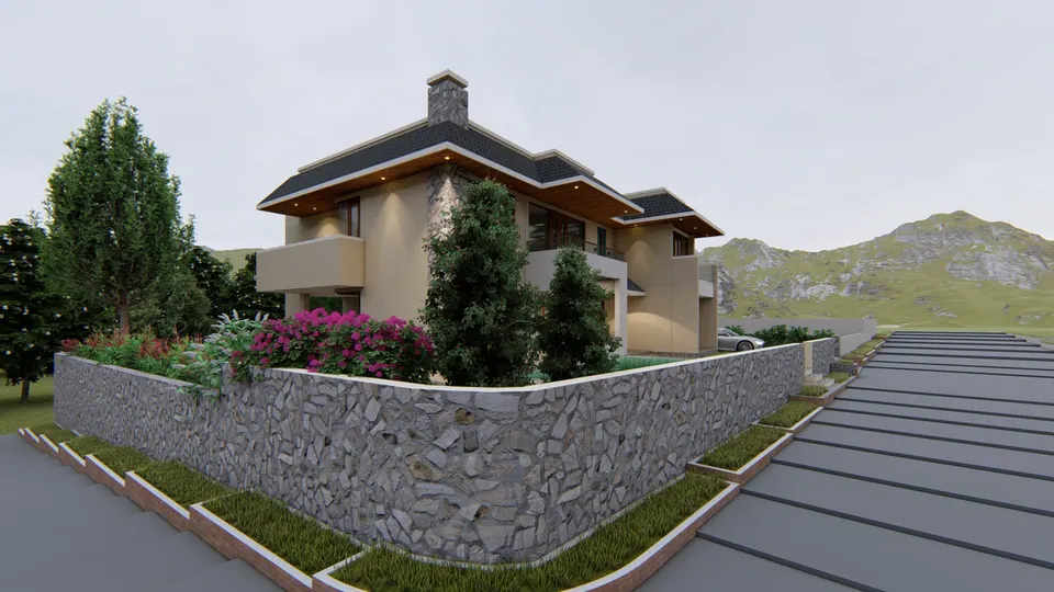 Rendered corner view from the lane: a random-stone retaining wall topped with flowering shrubs, the house rising behind