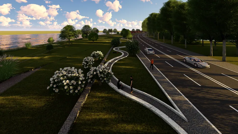 Rendered riverside road with a winding path through lawns and flowering shrubs, cars on the road