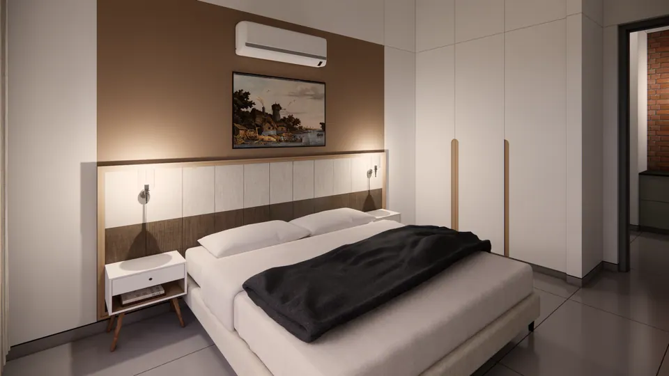 Rendered bedroom with a rust-brown wall, a painting and a bed with a black throw