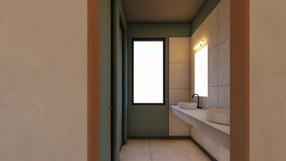 Rendered washroom with a stone counter holding two basins, a tall window and pale panelling