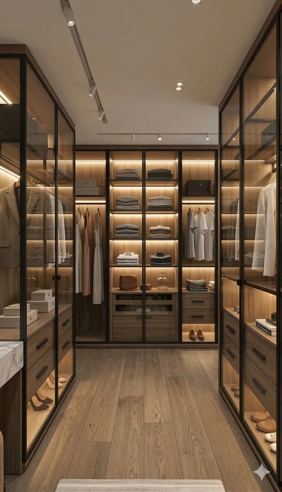 Rendered walk-in wardrobe with glass-fronted cabinets, lit open shelves and a timber floor