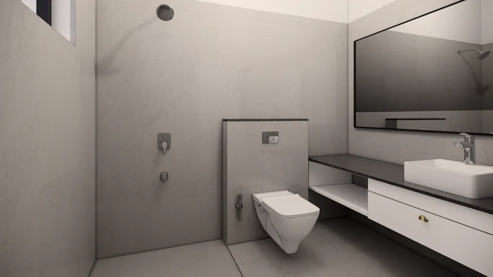 Rendered bathroom in grey stone-look tiles: an open shower, a wall-hung WC and a white vanity with a vessel basin and a black-framed mirror