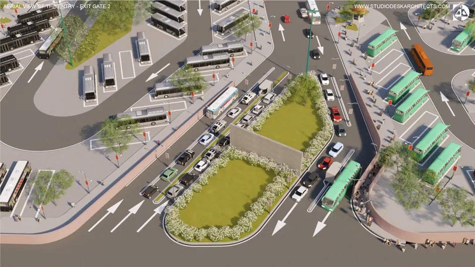 Rendered aerial of entry-exit gate 2: lanes with arrows split around planted islands, buses queuing at the bays