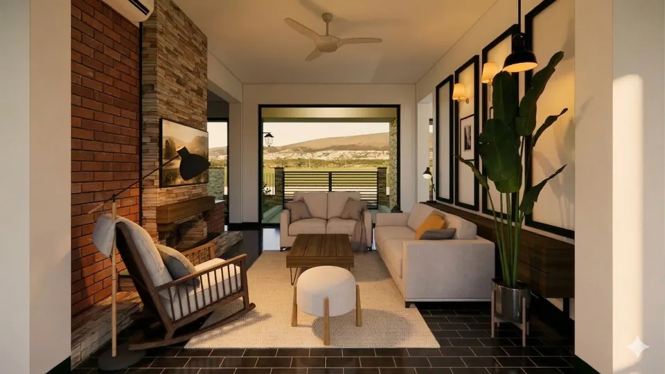 Rendered living room: a brick and stone fireplace wall, a rocking chair, cream sofas and a glazed door to the hills