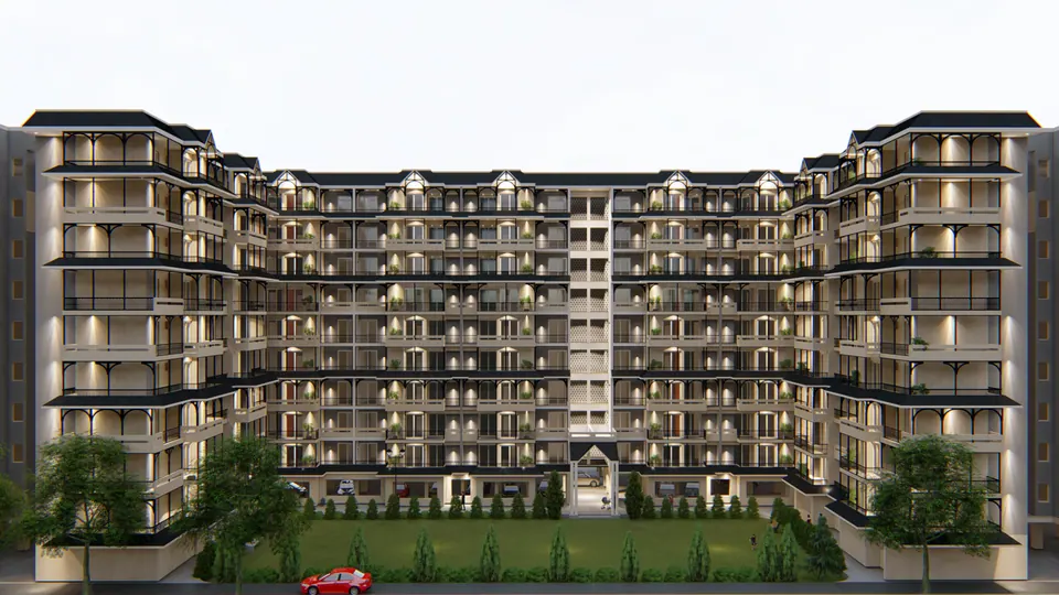 Rendered frontal elevation of the U-shaped apartment blocks around a lawn, balconies lit at dusk