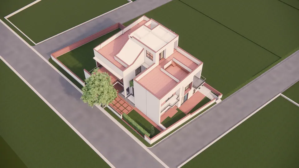 Rendered aerial view of the house on its corner plot, showing roof terraces, lawns and the surrounding roads