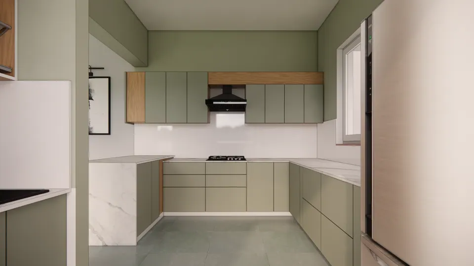 Rendered U-shaped kitchen in sage green with marble counters, a black hood and timber-edged wall cabinets
