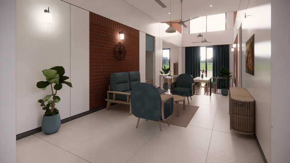 Rendered sitting area beside an exposed-brick wall, looking towards the dining space and tall windows