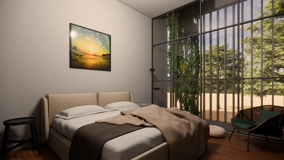 Rendered bedroom with a bed, a sunset painting and a tall glazed wall with vertical fins and climbing plants