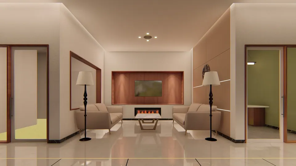 Rendered lobby sitting area: two beige sofas facing a timber-panelled wall with a screen and a fireplace, floor lamps