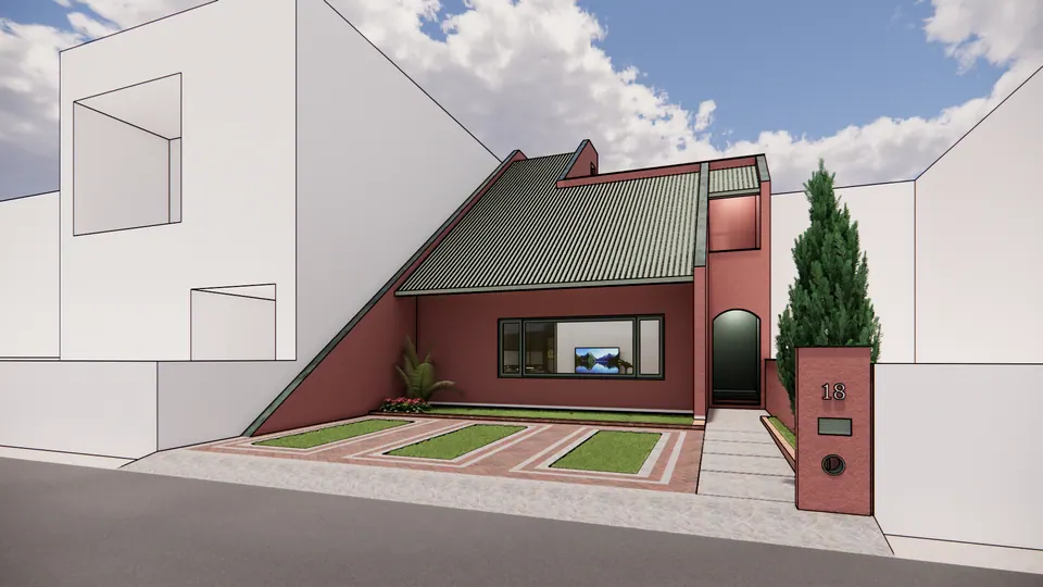 Rendered street view: a red house under a green corrugated roof sloping to the ground, an arched doorway and a brick-paved forecourt with lawn strips