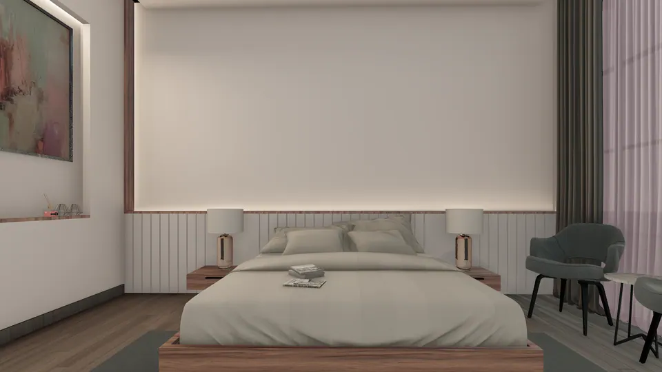 Rendered bedroom: a low timber platform bed, white panelled wainscot, two table lamps and a grey armchair by the window