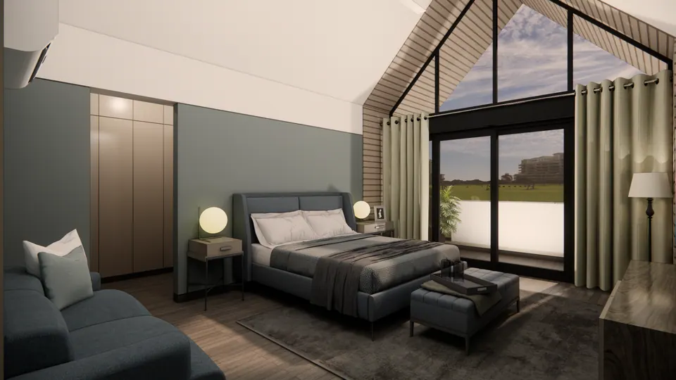 Rendered bedroom under a timber-lined gable with a full-height glazed gable end, a grey upholstered bed and sage walls