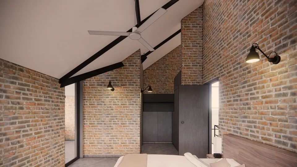 Rendered attic bedroom with exposed roof trusses, a ceiling fan, wall lamps and a dark wardrobe