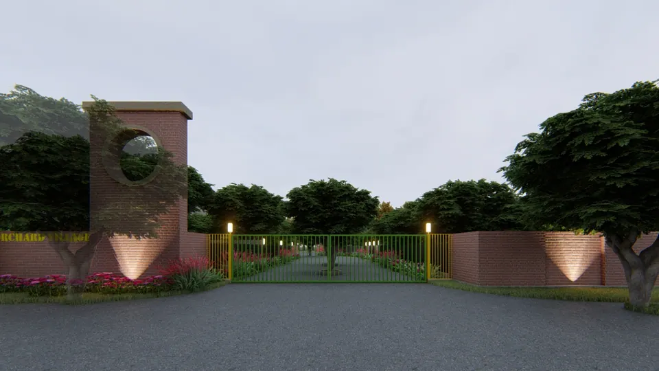Rendered entrance: brick gate piers, one with a circular opening, green steel gates and lit brick boundary walls with flower beds