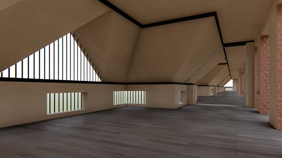 Rendered attic space under a pitched roof with a triangular glazed gable, timber floor and brick piers
