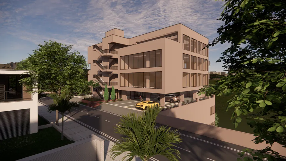 Rendered four-storey club house with glazed bays and external stairs, seen from the street corner