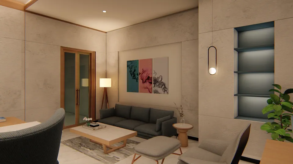 Rendered sitting area in the cabin: grey sofa, low table, triptych artwork, floor lamp and lit wall niches