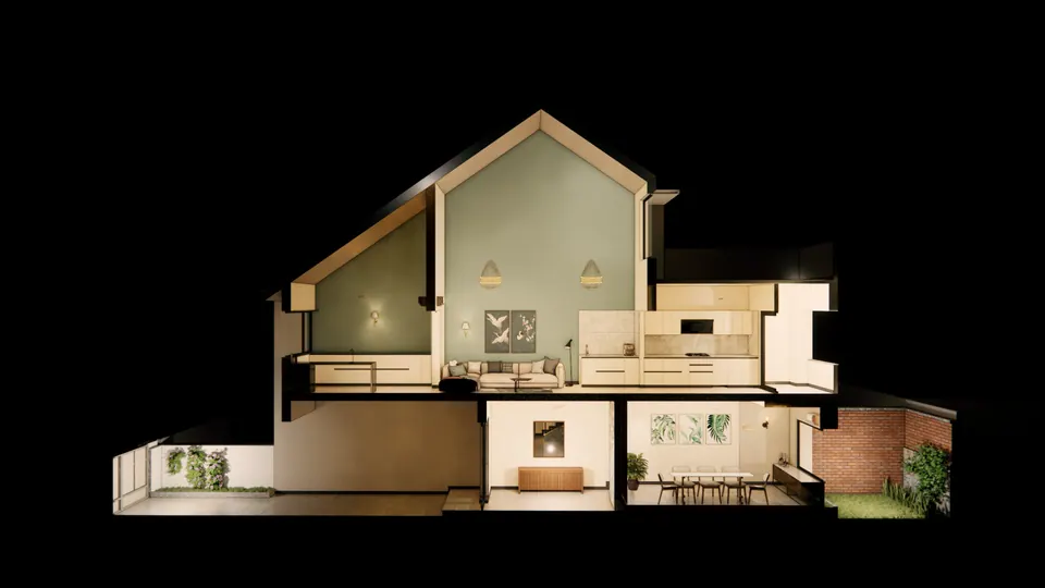 Rendered sectional perspective on black: a sage-green double-height lounge under the gable, with rooms on the floor below