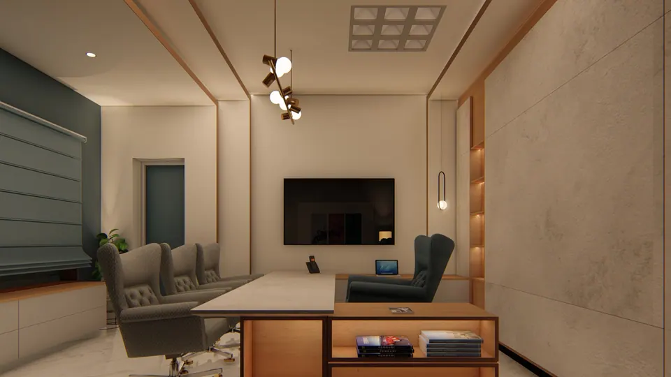 Rendered office cabin: L-shaped desk with a white top, tufted wingback chairs, a wall-mounted screen and a slate-blue blind