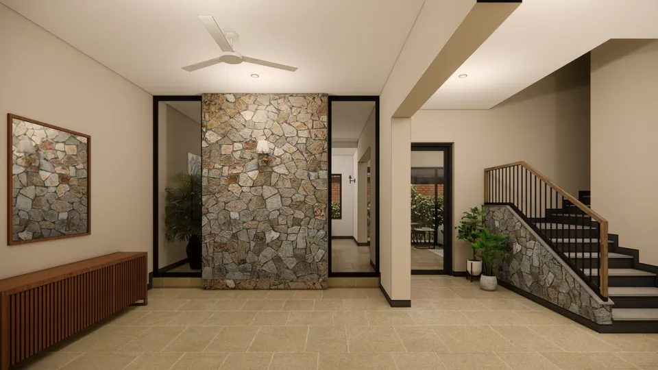 Rendered entrance hall: a random-stone feature wall, a stair with a stone-clad side and timber handrail, and a slatted console