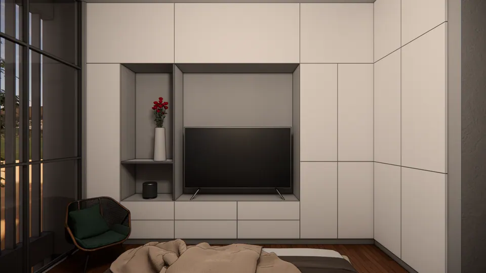Rendered bedroom wall of built-in wardrobes with a television niche, an armchair in the corner