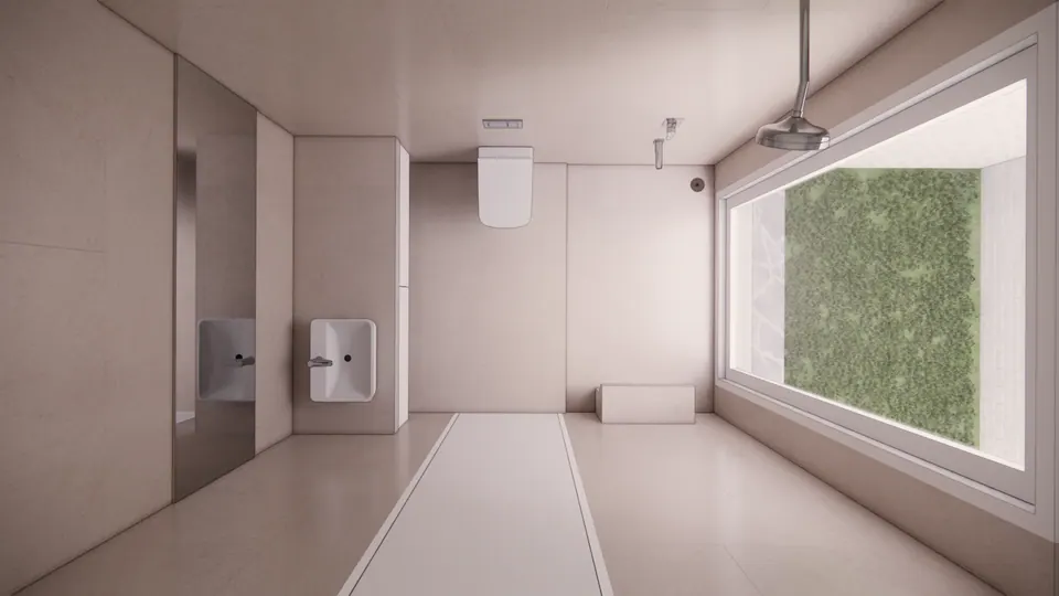 Rendered bathroom: a long glazed opening onto a green wall, a rain shower, a wall-hung WC and a slot drain