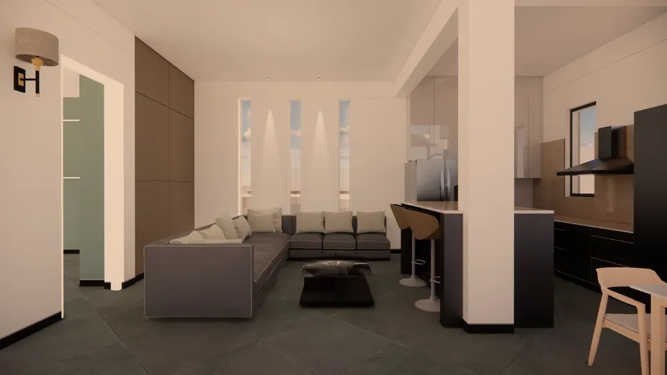 Rendered living area with a grey sectional sofa beneath slit windows, a kitchen island and a timber-panelled wall