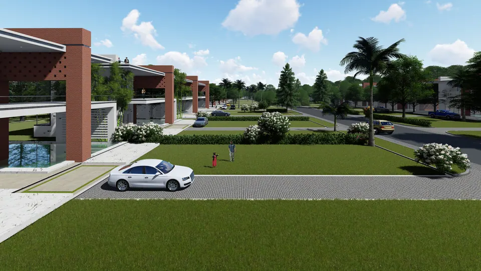 Rendered house front with a lawn and driveway, brick-clad blocks along the street beyond