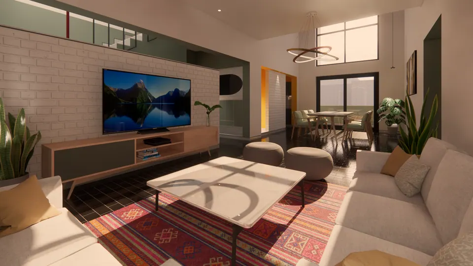 Rendered living room with a white brick TV wall, cream sofas, a patterned red rug and dark tiles, the dining area beyond