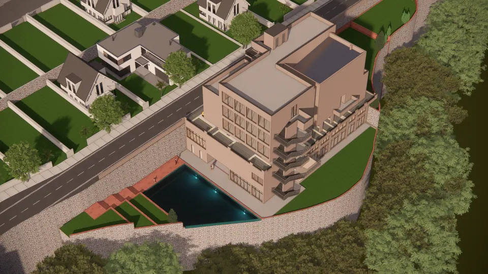 Rendered aerial of the club house beside a road, its pool and lawns below a stone wall, plotted houses across