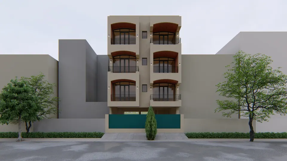 Rendered street view of a four-storey house with two stacks of brick-lined arched balconies, black railings and a green gate
