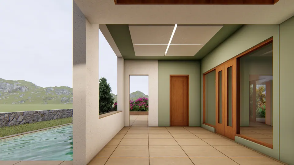 Rendered entrance porch: sage-green walls, a tall timber door and timber-framed glass doors beside the pool