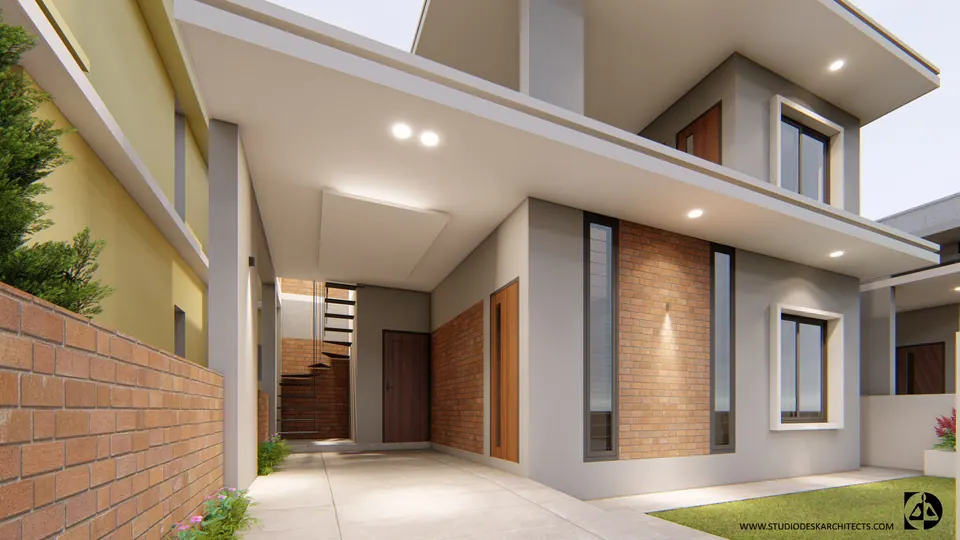 Rendered side passage: an exposed-brick boundary wall, grey and white volumes with brick panels and the stair beyond