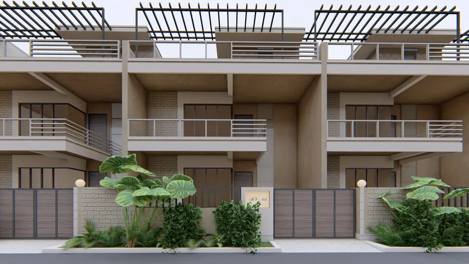 Rendered row houses with pergola-topped terraces, balconies and slatted gates, planters with large-leaved plants