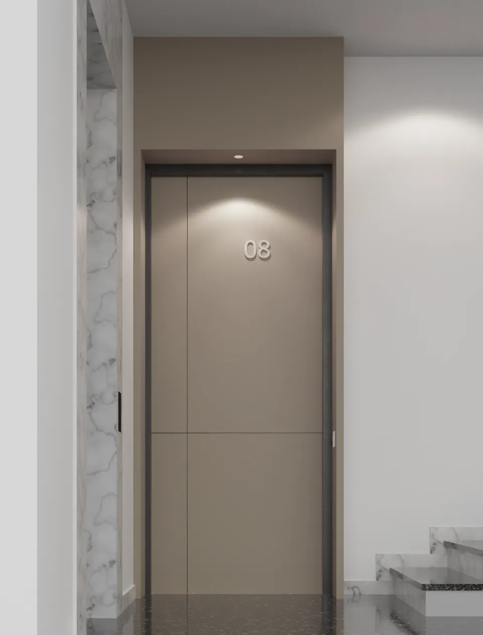 Rendered apartment entrance: a full-height taupe door marked 08 framed in white marble, beside the common stair
