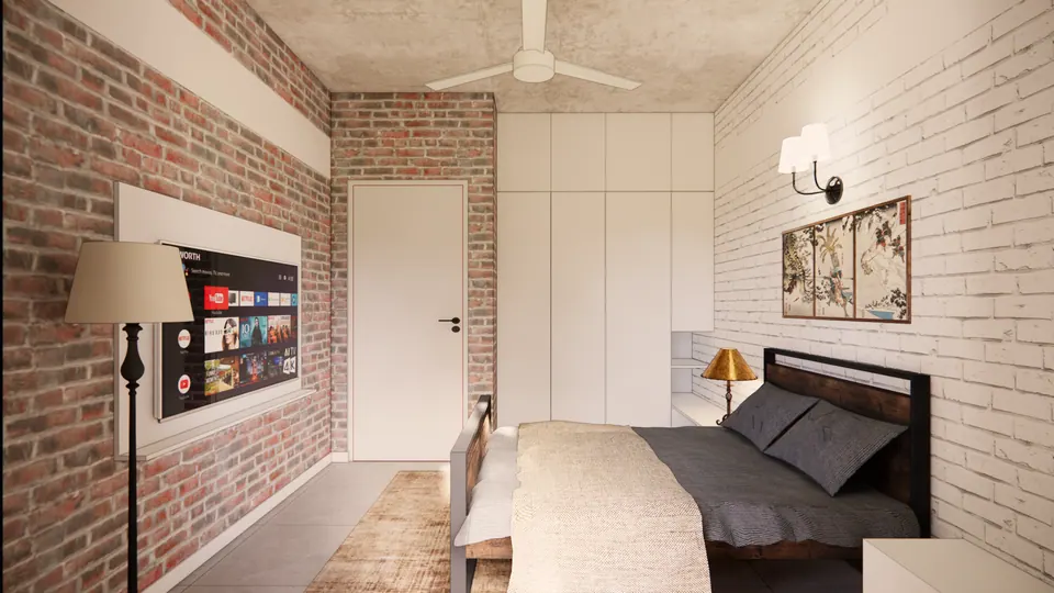 Rendered bedroom with an exposed red-brick wall, a dark timber bed, white wardrobes and a botanical print