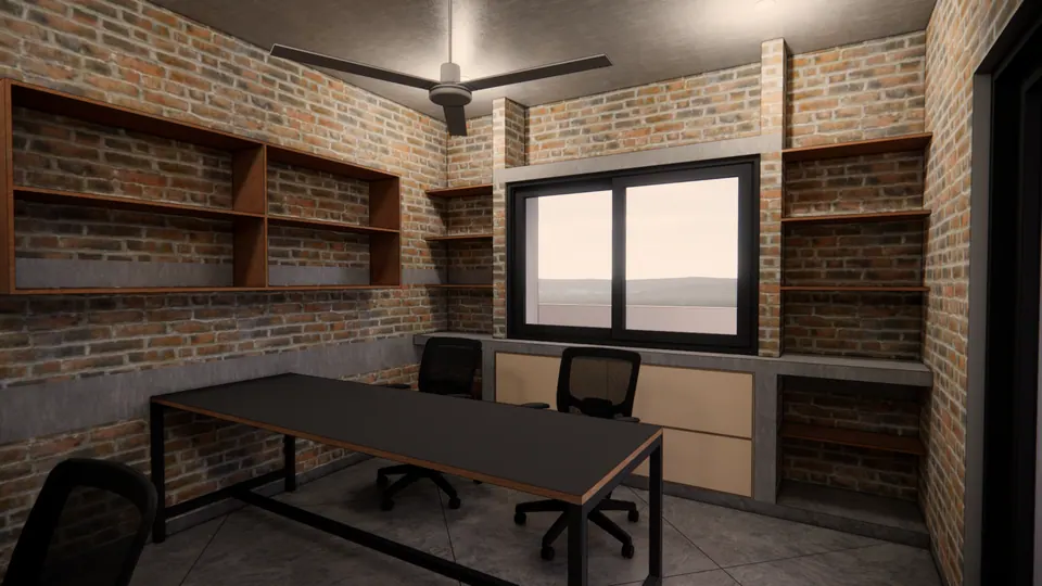 Rendered study with a black worktable, office chairs, timber shelves and a window in a brick wall